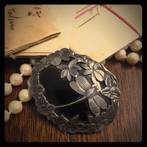 Large Sterling Silver .925 Dragonfly & Onyx brooch